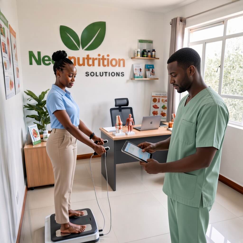 A client receiving a body composition analysis on a specialized scale from a clinical nutritionist in at Neo-nutrition Solutions clinic.